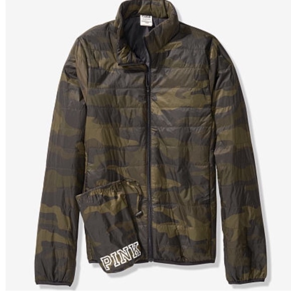 PINK Victoria’s Secret packable puffer size small green brown camouflage - Picture 4 of 9